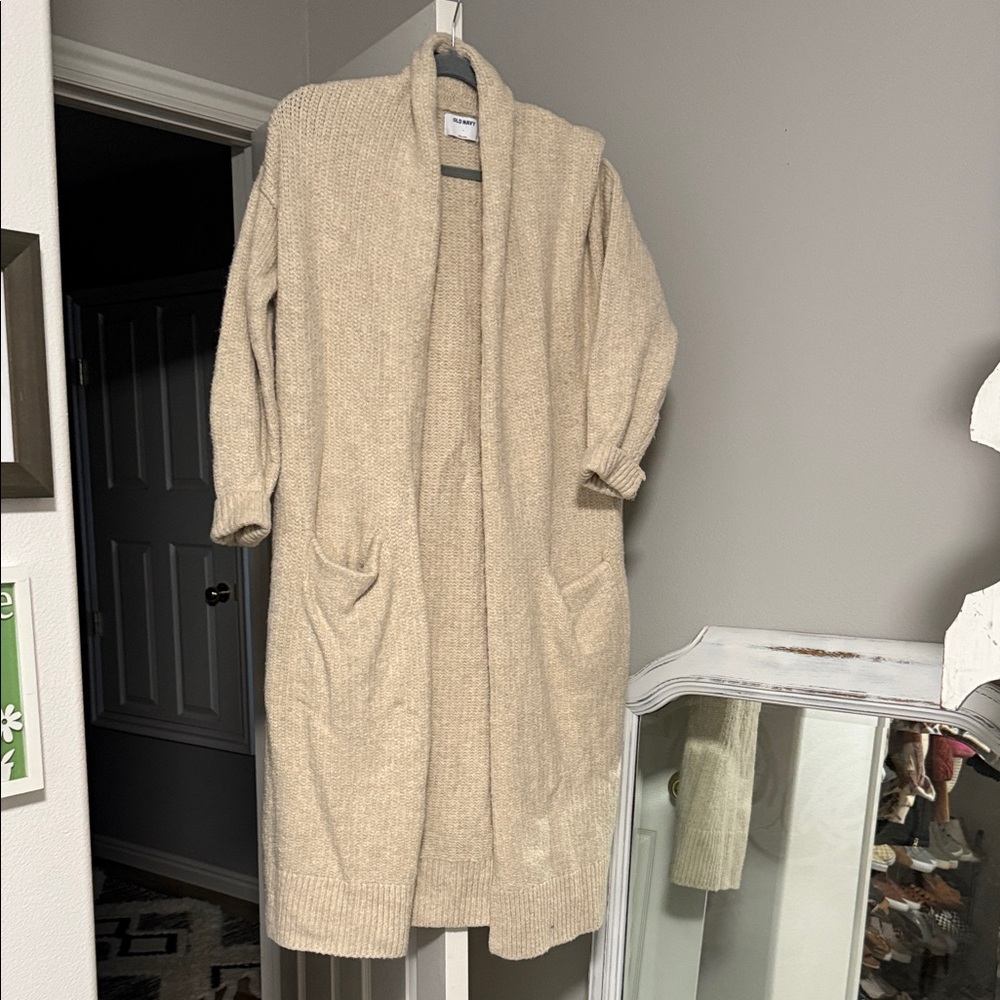 Beige Long Open-Front Knit Cardigan Jacket